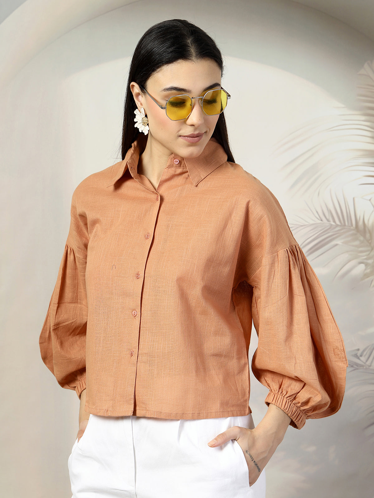 Women Rust Solid Shirt Collar Full Sleeve Cotton Top