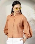 Women Rust Solid Shirt Collar Full Sleeve Cotton Top