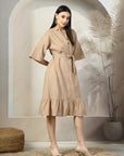 Beige Solid A-Line Midi Dress