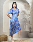 Blue Floral Printed A-Line Wrap Midi Dress