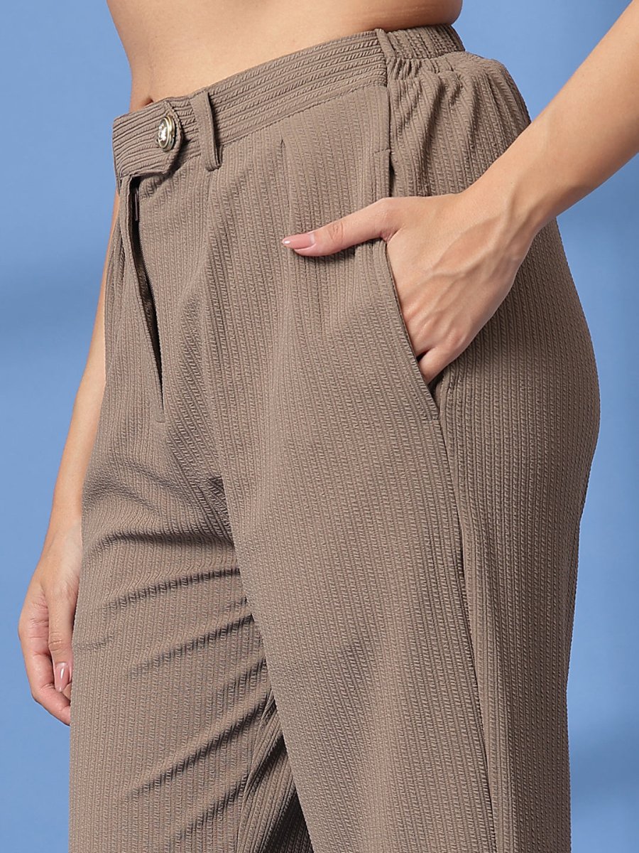 Beige Solid Pleated Trousers