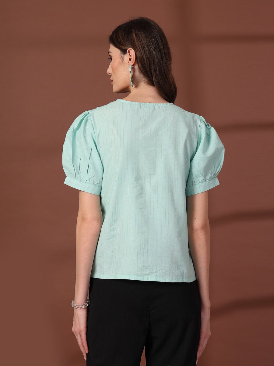 Sea Green Solid Round Neck Top