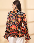 Multi Floral Print Mandarin Collar Bell Sleeve Shirt Style Top