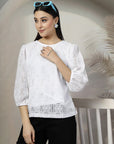 Women White Solid Round Neck 3/4th Sleeve Cotton Top