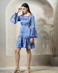 Blue Floral Printed Bell Sleeves Fit & Flare Dress