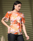 Orange Printed Round Neck Floral Print Top