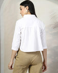 Women White Solid Shirt Collar 3/4th Sleeve Cotton Top