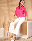 Pink Solid Shirt Collar Crop Top
