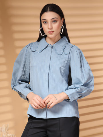 Sea Green Regular Sleeves Above the Keyboard Collar Women Standard Opaque Casual Shirt