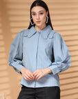 Sea Green Regular Sleeves Above the Keyboard Collar Women Standard Opaque Casual Shirt