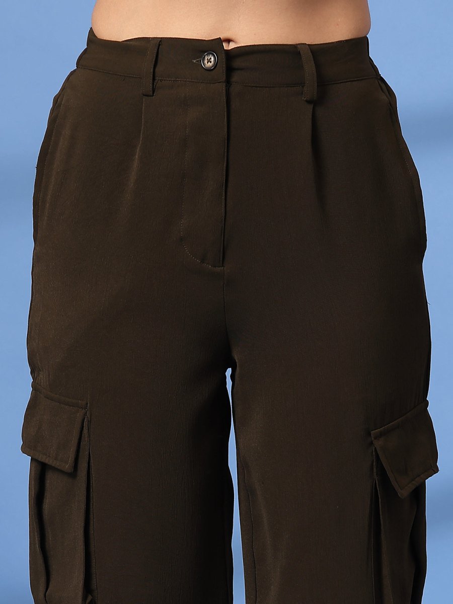 Brown Solid Pleated Trousers