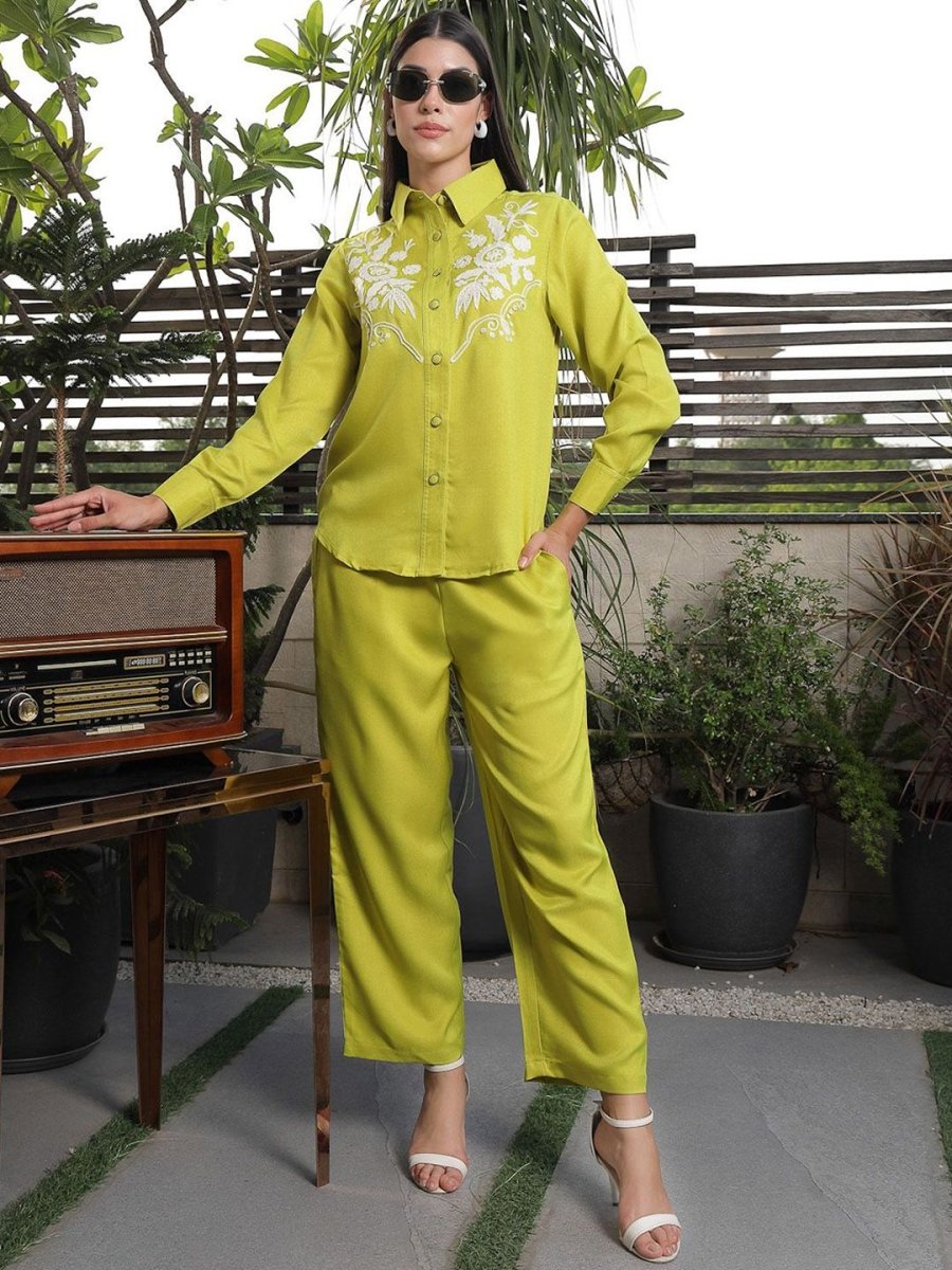 Shirt Collar Embroidered Cotton Shirt With Trousers Co-Ords Set lime-green