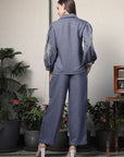 Shirt Collar Embroidered Cotton Shirt With Trousers Co-Ords Set blue