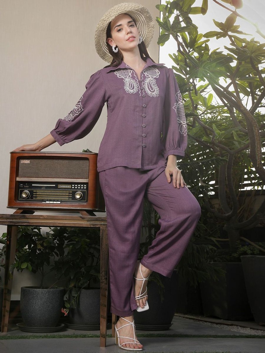 Shirt Collar Embroidered Cotton Shirt With Trousers Co-Ords Set pink