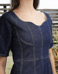 Solid Denim Square Neck Half Short Sleeve Dress blue