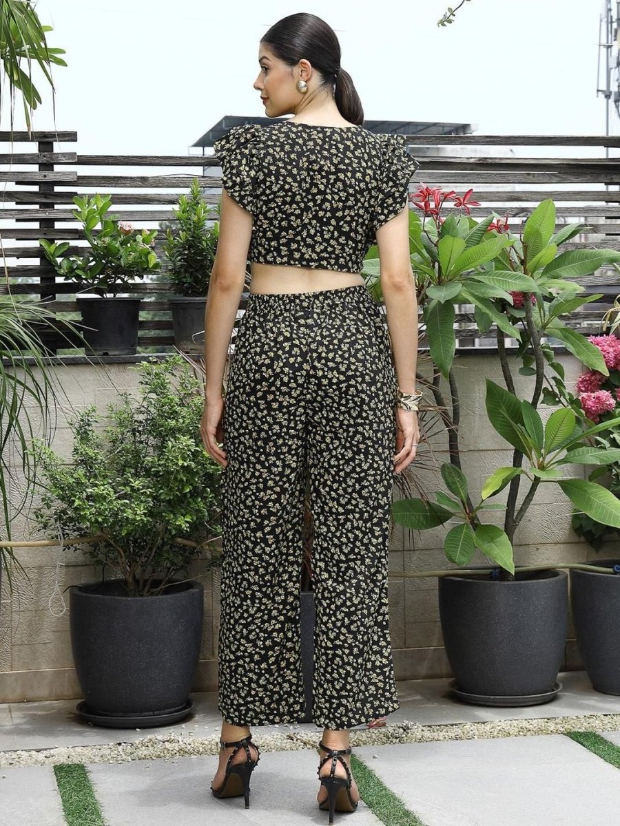 Printed V-Neck Top With Trousers Co-Ord Sets black