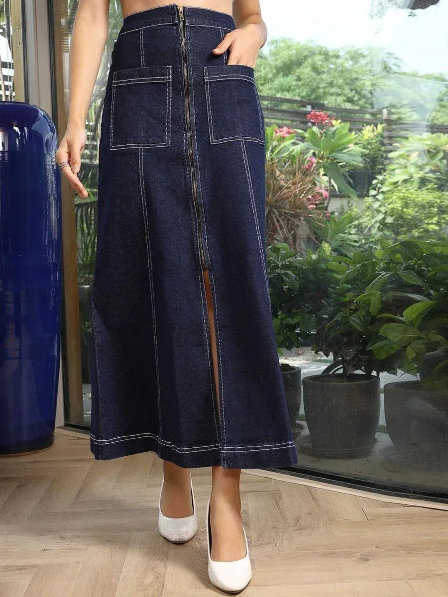 A-Line Mid Rise Maxi Skirts blue - CINK