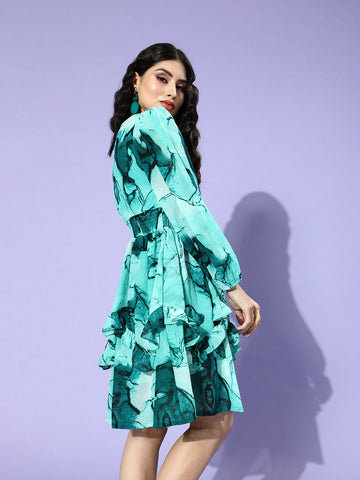 Women Gorgeous Green Floral Ruffled  Flounced Dress