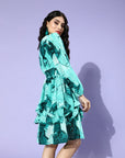 Women Gorgeous Green Floral Ruffled  Flounced Dress