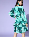 Women Gorgeous Green Floral Ruffled  Flounced Dress