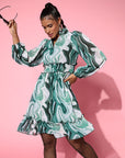 Green Printed Fit  Flare Dress