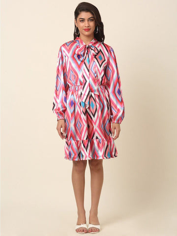CINK Pink Print Tie-Up Neck Shirt Dress