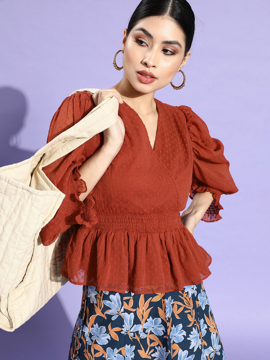 Rust-Coloured Self-Design Smocked Cinched Waist Top