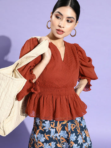 Rust-Coloured Self-Design Smocked Cinched Waist Top