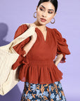 Rust-Coloured Self-Design Smocked Cinched Waist Top