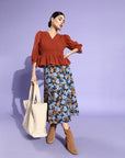 Rust-Coloured Self-Design Smocked Cinched Waist Top