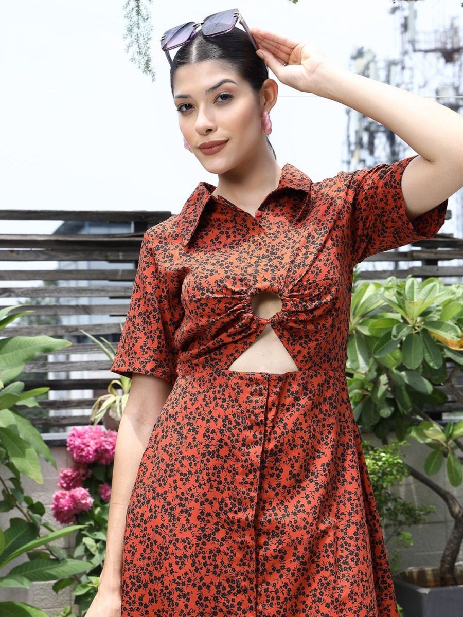 Floral Printed Shirt Collar Short Sleeves Shirt Dress Rust
