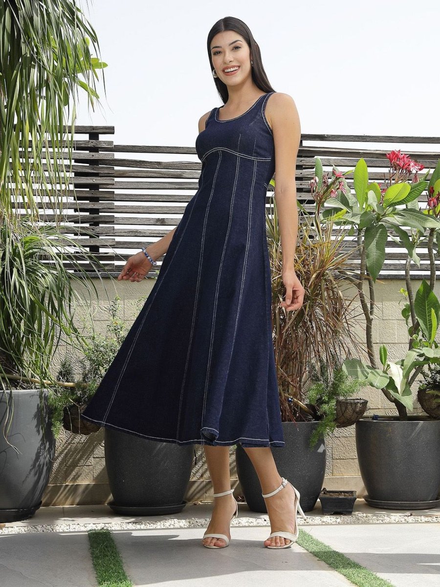 Solid Denim Round Neck Midi Dress blue