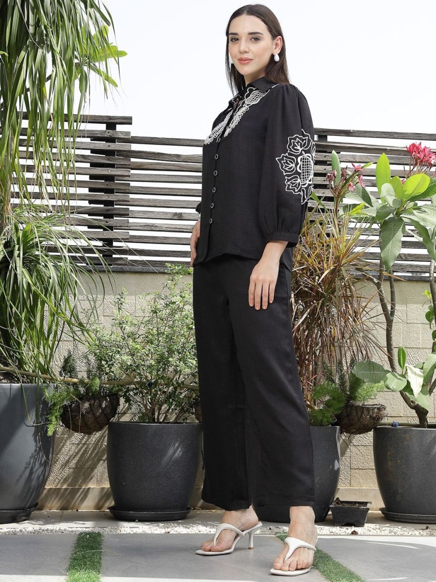 Shirt Collar Embroidered Cotton Shirt With Trousers Co-Ords Set black