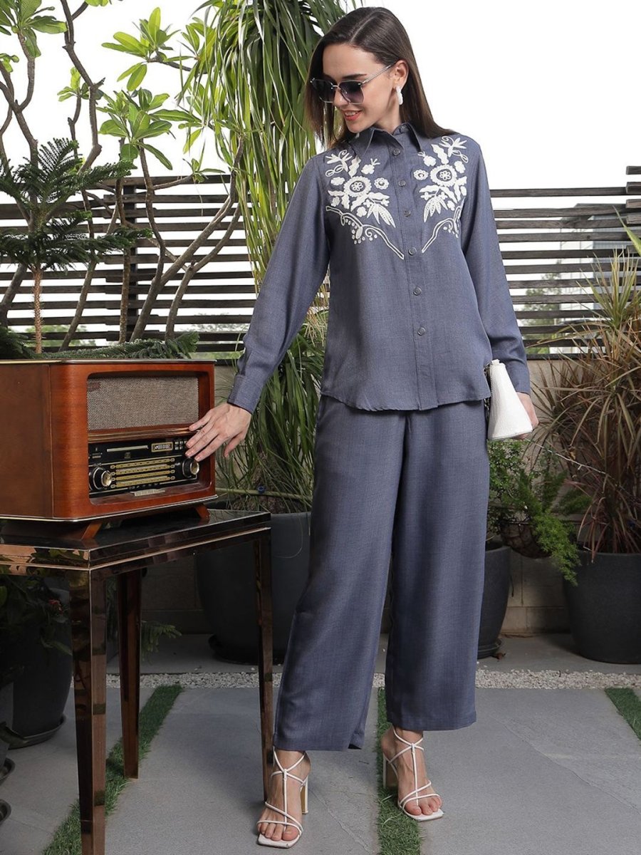 Shirt Collar Embroidered Cotton Shirt With Trousers Co-Ords Set blue