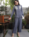 Shirt Collar Embroidered Cotton Shirt With Trousers Co-Ords Set blue