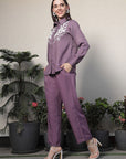 Shirt Collar Embroidered Cotton Shirt With Trousers Co-Ords Set pink