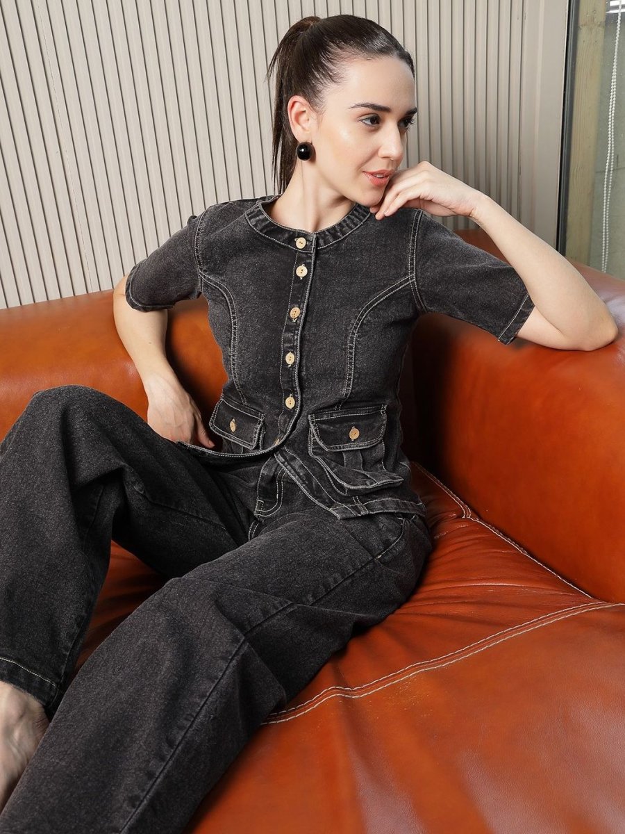 Round Neck Cotton Shirt With Trousers Co-Ords charcoal