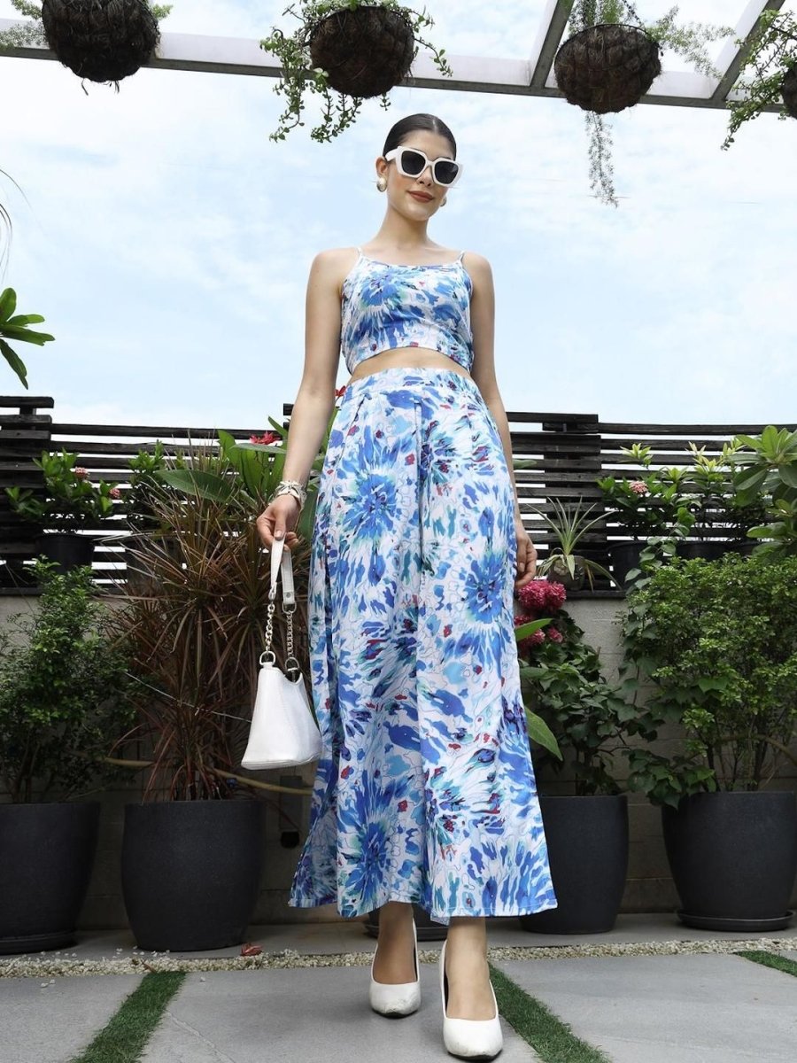 Shoulder Strap Printed Top With Palazzo Co-Ord Set blue