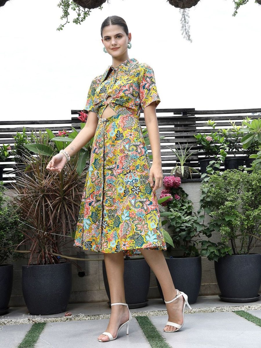 Floral Printed Shirt Collar Short Sleeves Shirt Dress Yellow – CINK