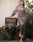 Shirt Collar Embroidered Cotton Shirt With Trousers Co-Ords Set brown