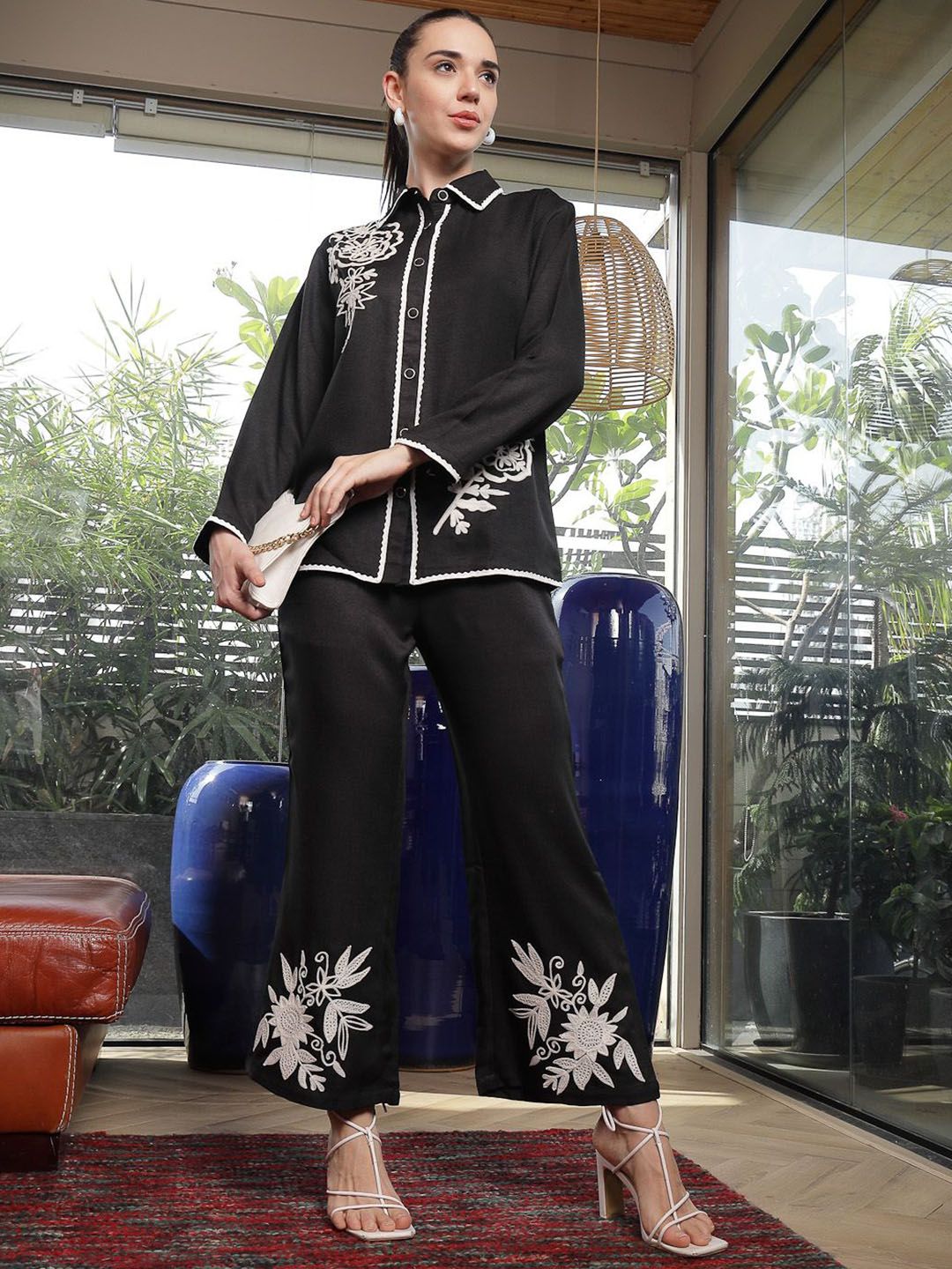 Shirt Collar Embroidered Cotton Shirt With Trousers Co-Ords Set black