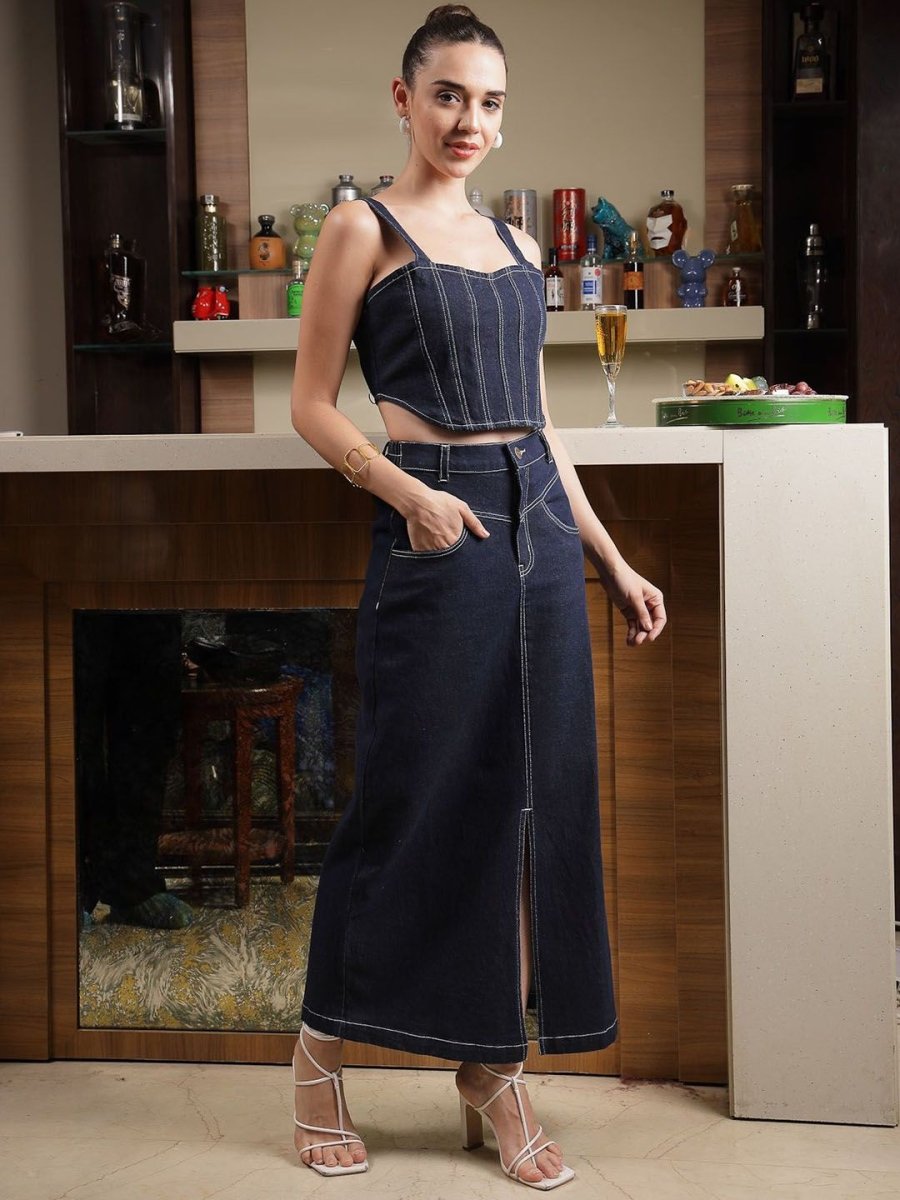 Shoulder Strap Neck Cotton Top With Skirt Co-Ords blue