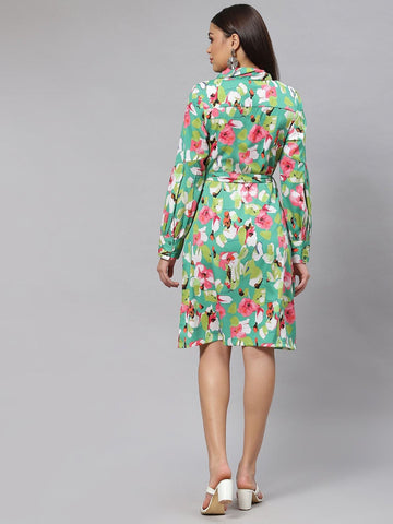 Women Green  White Floral Shirt Dress with Belt