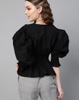 Splendid Black Solid Power Shoulders Wrap Top