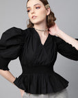 Splendid Black Solid Power Shoulders Wrap Top