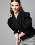 Splendid Black Solid Power Shoulders Wrap Top