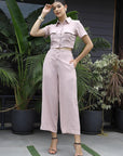 Printed V-Neck Top With Trousers Co-Ord Set peach