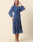 Blue Abstract Printed Puff Sleeve Tiered Fit  Flare Midi Dress