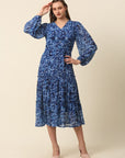 Blue Abstract Printed Puff Sleeve Tiered Fit  Flare Midi Dress
