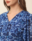 Blue Abstract Printed Puff Sleeve Tiered Fit  Flare Midi Dress
